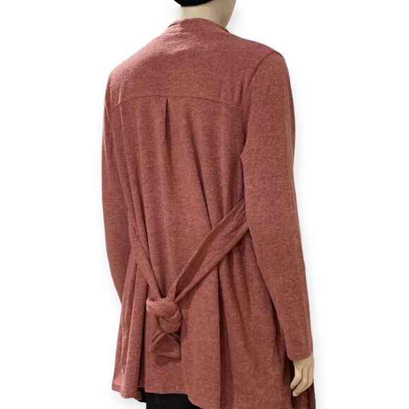 Brown Sash Waist Tie Pockets Mid Length Soft Knit Cardigan Sweater NEW - Picture 2 of 4